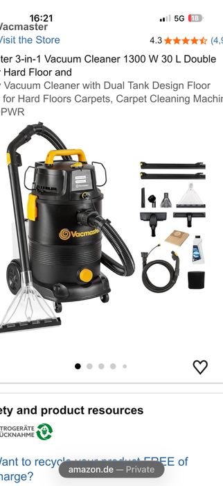 Прахосмукачка за сухо и мокро Vacmaster 3 в 1, 1300 W, 30 L, за килими и твърди настилки