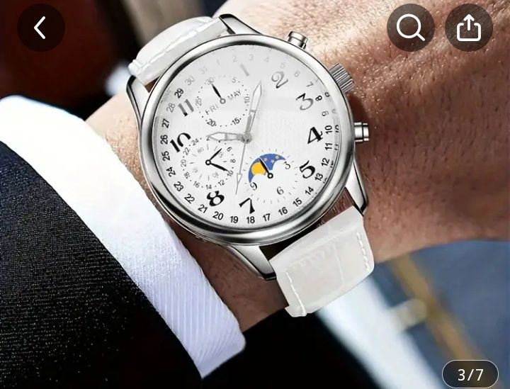 Мъжки Луксозен Моден Кръгъл Kварцов Часовник с бяла каишка