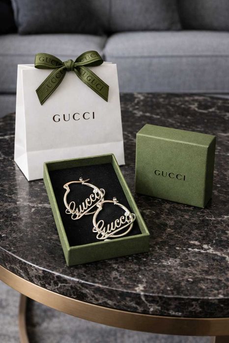 gucci обеци кръгли с чантичка и кутия гучи сребърни стомана неръждаеми нови
