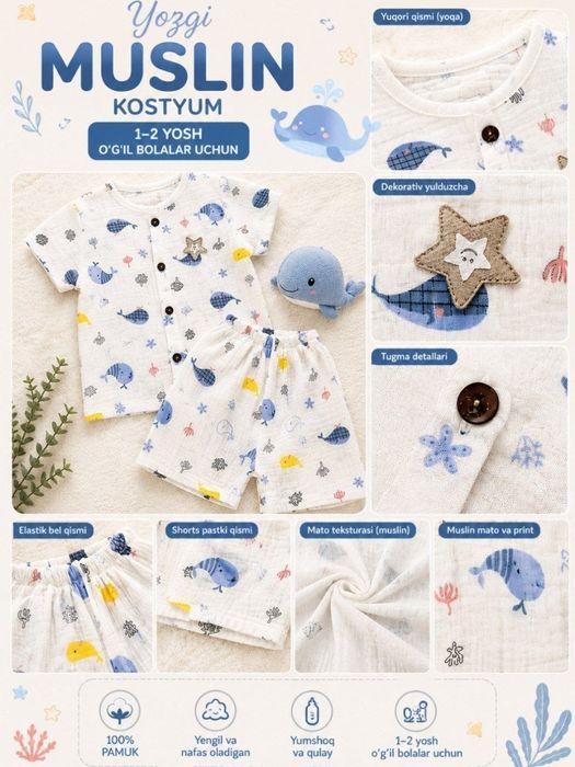 Yozgi Muslin Kostyum – 1-2 yoshli o‘g‘il bolajonlar uchun!