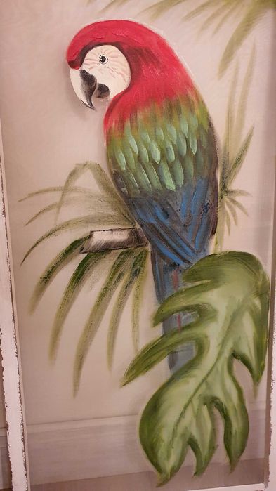 Голяма картина папагал, масло, дървена състарена рамка– 120см/ 60см