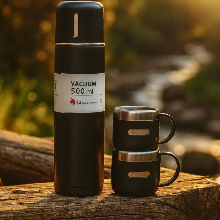 Подаръчен комплект термос с 3 чаши, зелен , розов, сив