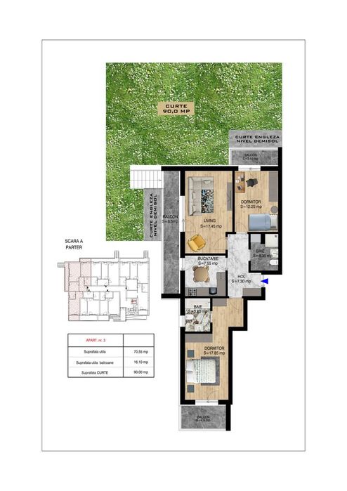 Apartament 3 camere cu curte 90mp | TH PALLADY | TITAN DISTRICT