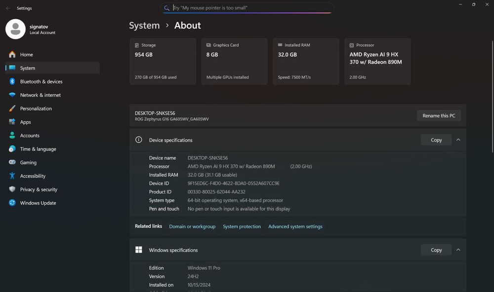 Лаптоп Asus Zephyrus G16 2024, Ryzen HX370, RTX4060, 32GB RAM, 1TB SSD
