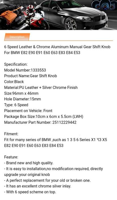 Nuca schimbător viteze BMW,6+1 rapoarte, Crom Edition,OEM,Nouă.