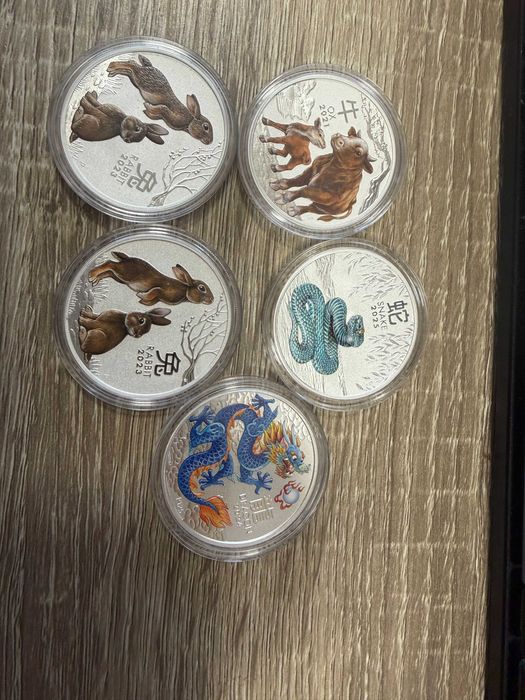 Цветен Лунар 1 оz Сребро. Сребърен Лунар Заек, Вол, Змия, Дракон, Кон.