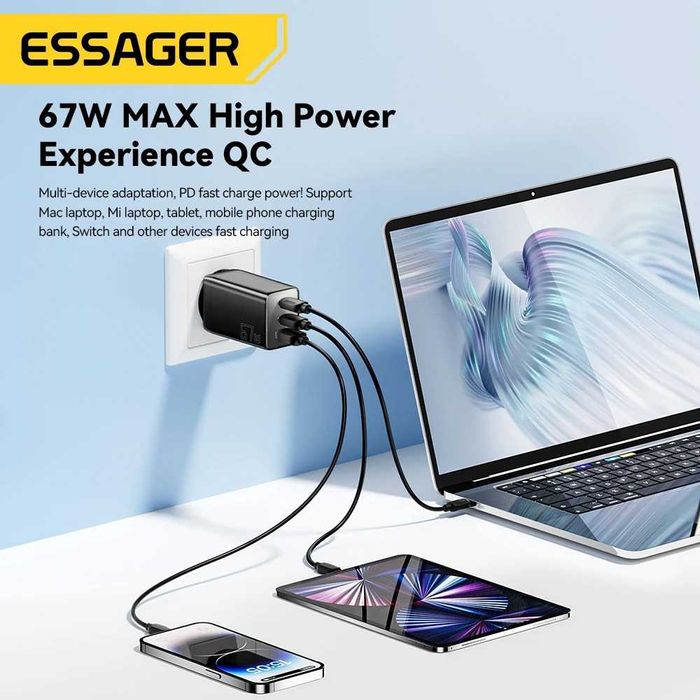 Мощно GaN Зарядно Essager 67W – Бързо зареждане за iPhone 16, Samsung