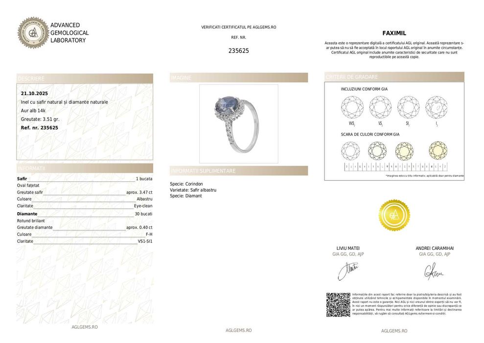 Inel aur alb cu safir natural