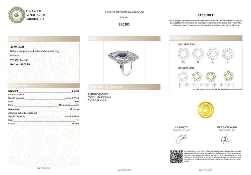 Inel din platină în stil Art Deco, decorat cu safir și diamante