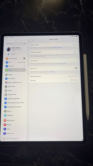 iPad Air 13 M2 128GB + Apple Pencil Pro, baterie 100%, factura