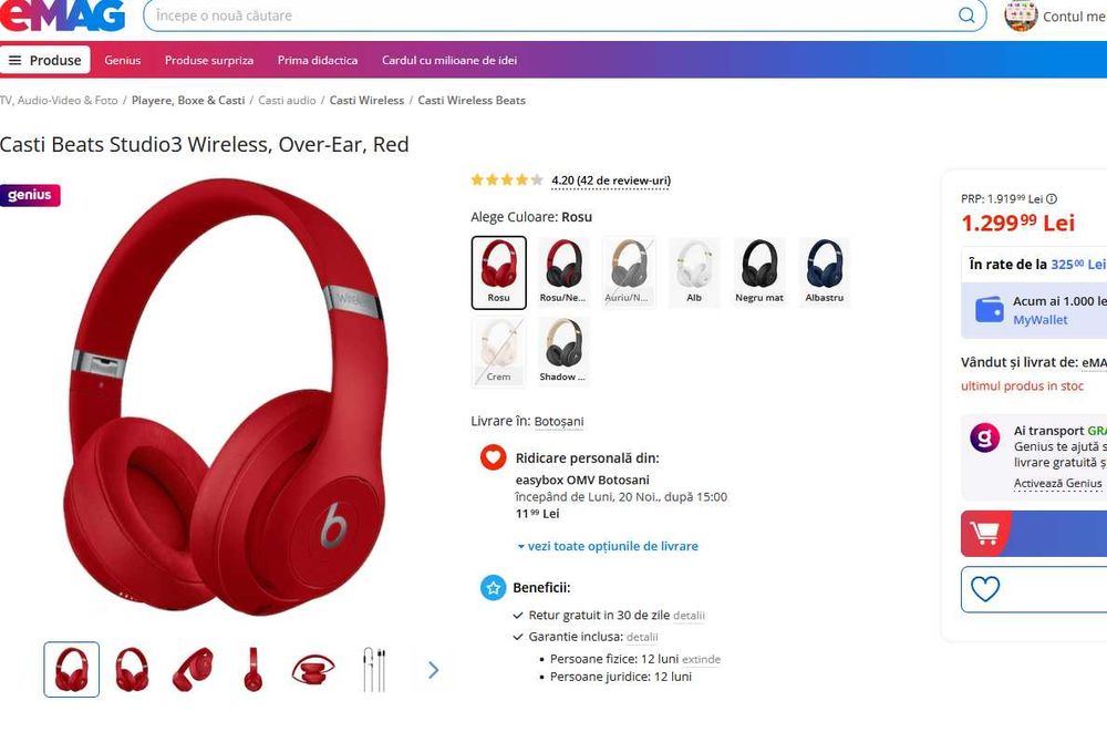 Casti Beats Studio3 Wireless, Over-Ear, Red, sigilate