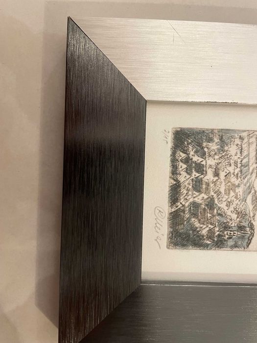 gravura foaie rives in creion semnata rama profesionala de inox periat