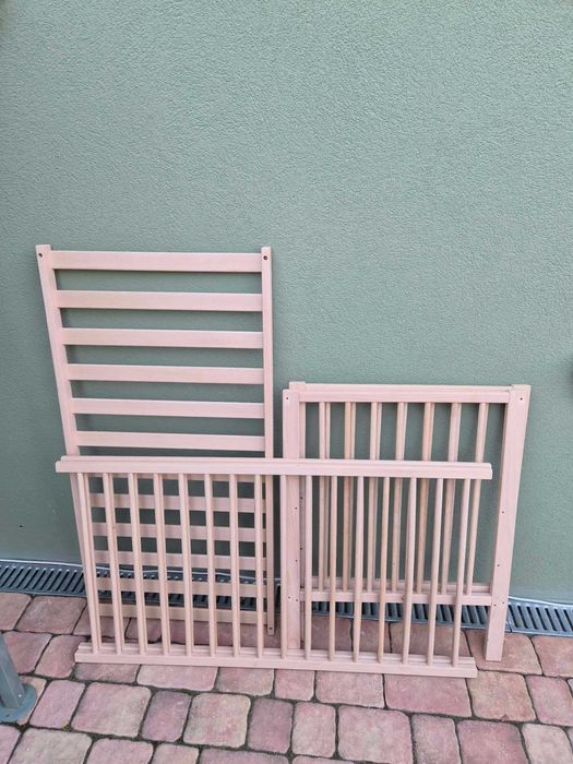 Set pătuț bebe lemn natur 120x60 + saltea + protecție NOU