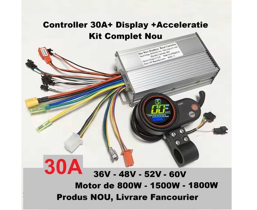 Controller 30A + Display + acceleratie de la 800w 1000w 1600w 1800W 36v 48v 52v 60v, Kit complet, cu sau fara senzori hall Functional