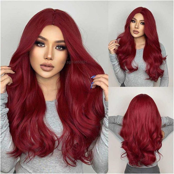 70 см Тъмно червена (бордо) синтетична перука
