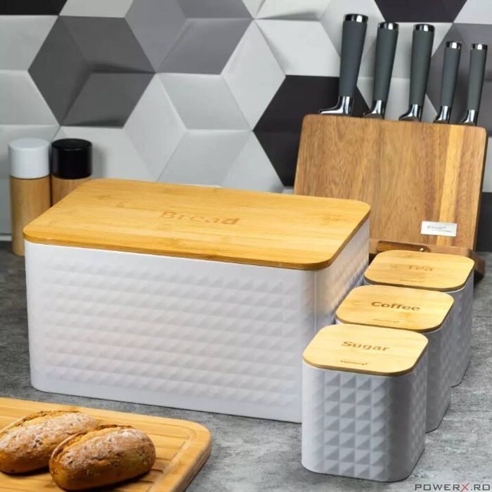 Cutie pentru paine si recipiente pentru ceai, cafea si zahar, din otel