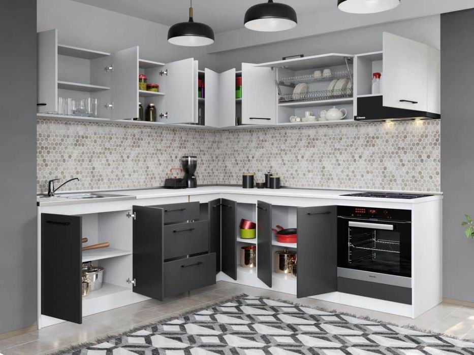 Set Mobila Bucatarie Colt Mina Dual 240*240 Gri Antracit/Alb C113