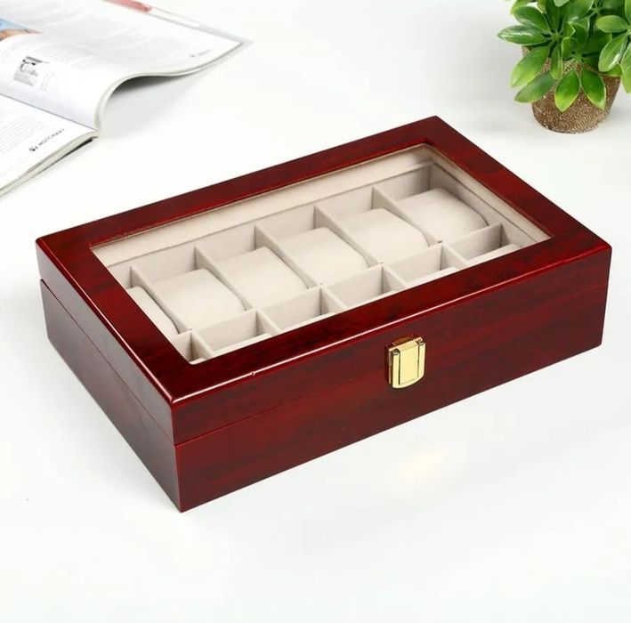 Шкатулка для часов и украшение 12 отделение Красно коричневая