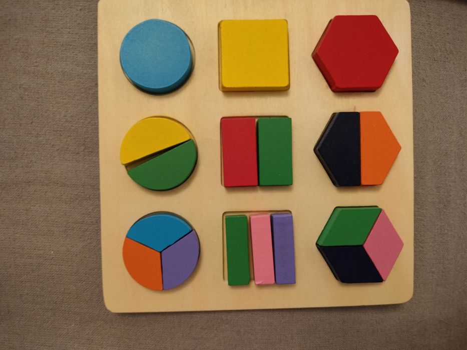 Puzzle incastru lemn forme geometrice și vehicule