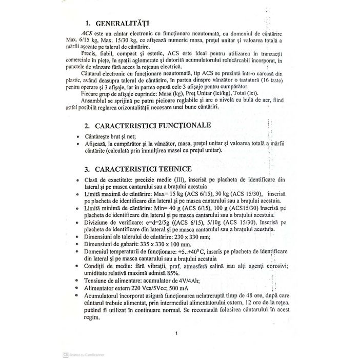 Cantar electronic comercial fara brat ACS 15/30 kg - avizat metrologic