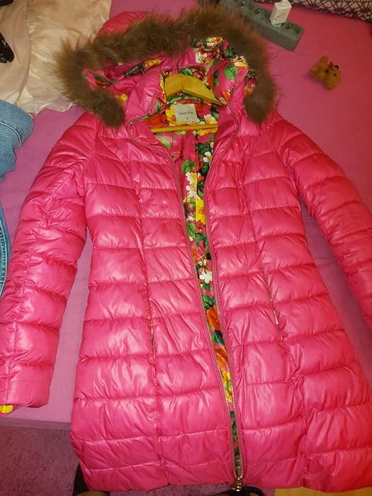 Бонбонено розово зимно яке с естествен пух