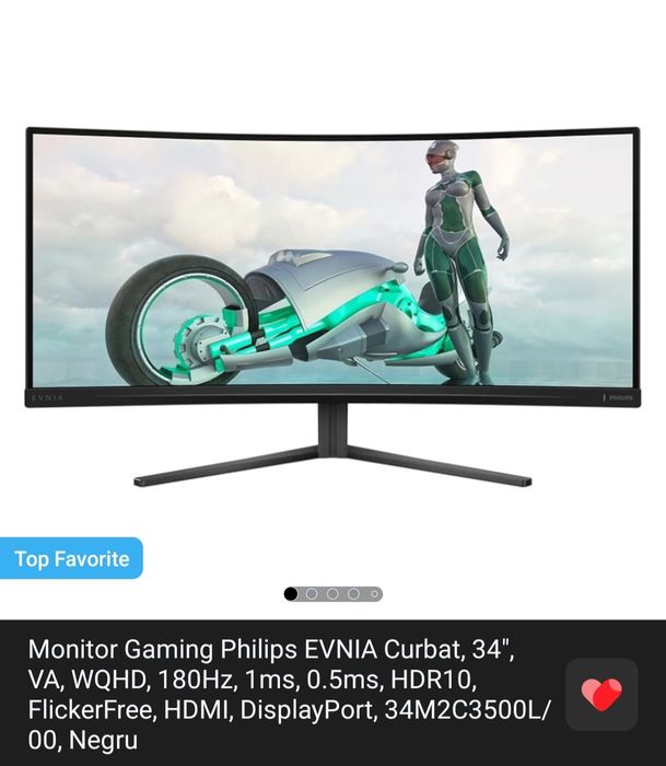 Monitor Gaming Philips Curbat, 34", WQHD, 180Hz, 1ms, HDR10