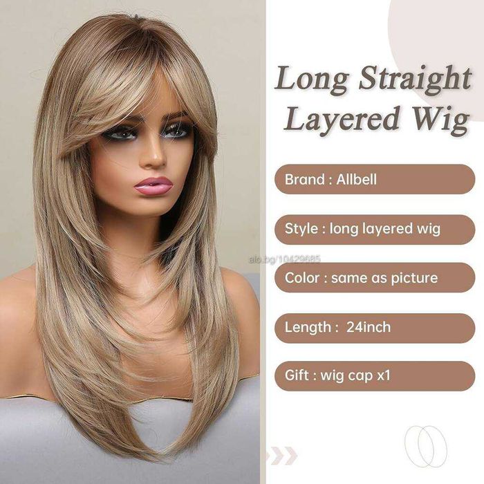 Тъмно руса перука с фини светли кичури и дълъг бретон