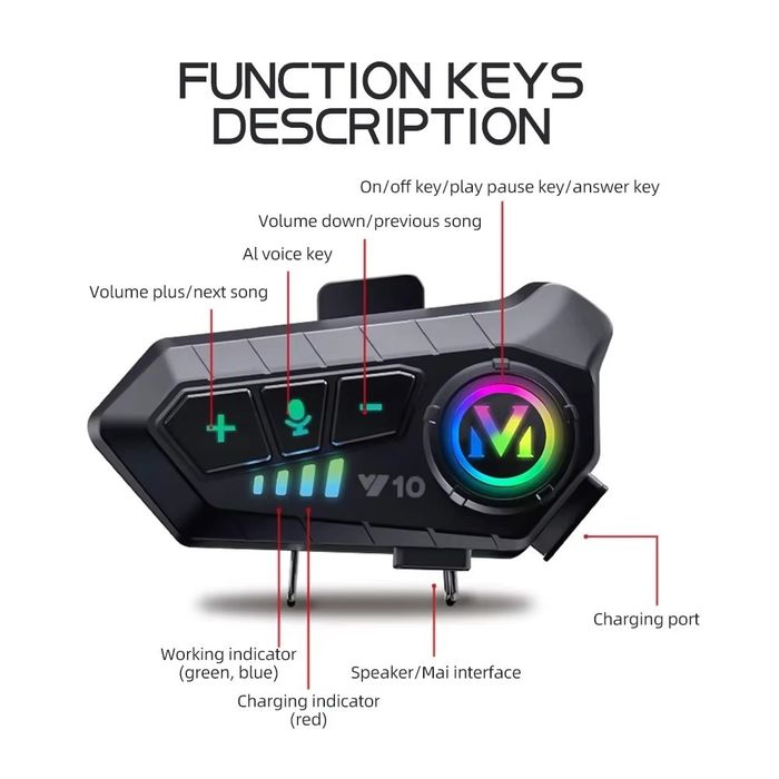 Intercom Moto sistem de comunicație Bluetooth Y10 pentru cască moto, echipat cu o baterie de 1000 mAh și tehnologie Bluetooth 5.3