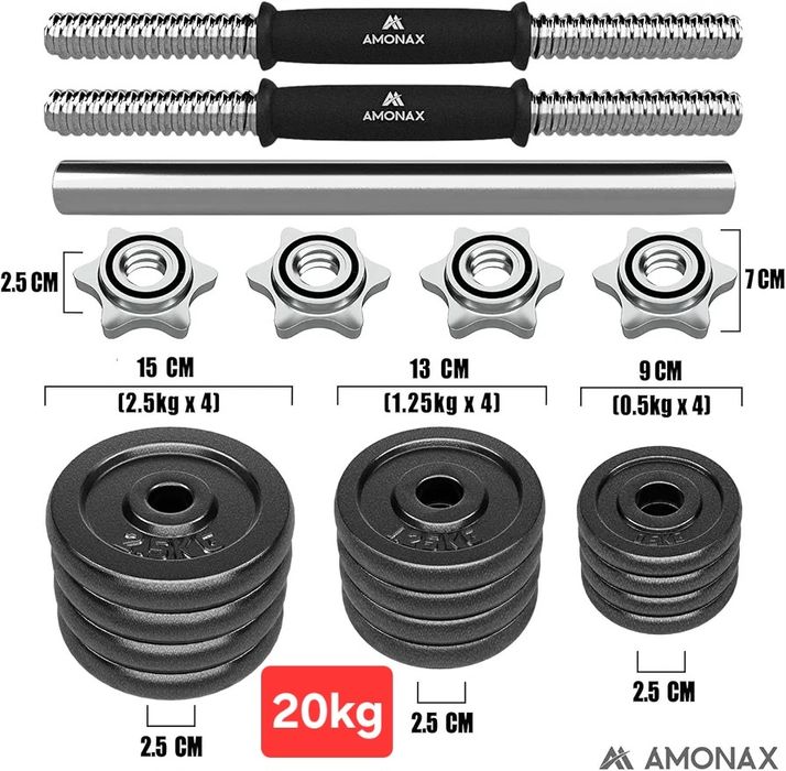 15кг/20кг Комплект 2бр Дъмбели + Щанга, чугун, стомана, Amonax