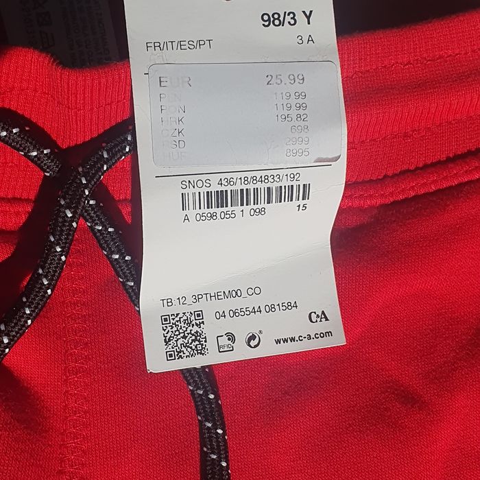 Pantaloni trening 3 ani noi vătuiți cu etichetă 98, roșu, fete, băieți