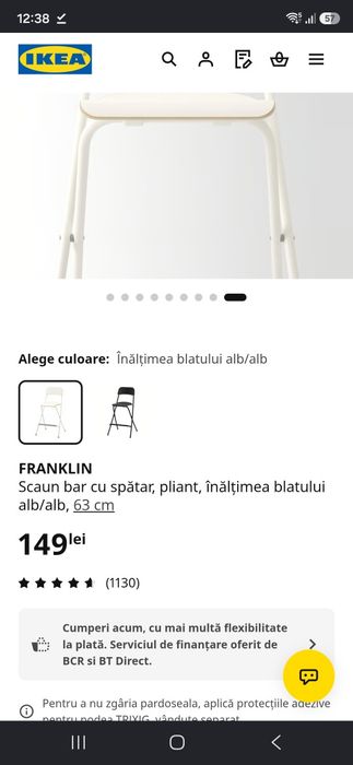 3 Scaune  bar cu spătar, pliante, înălțimea blatului  63 cm