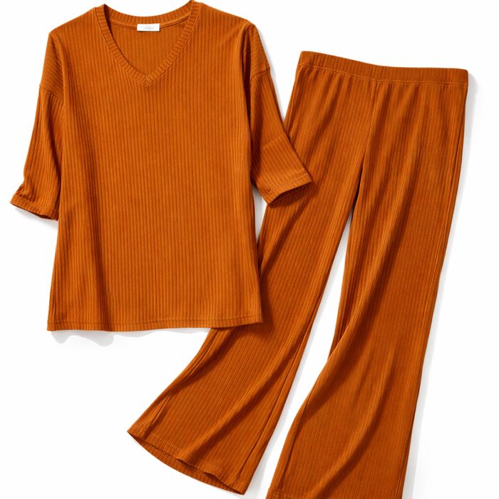 Compleu dama caramiziu casual elegant bluza si pantaloni evazati