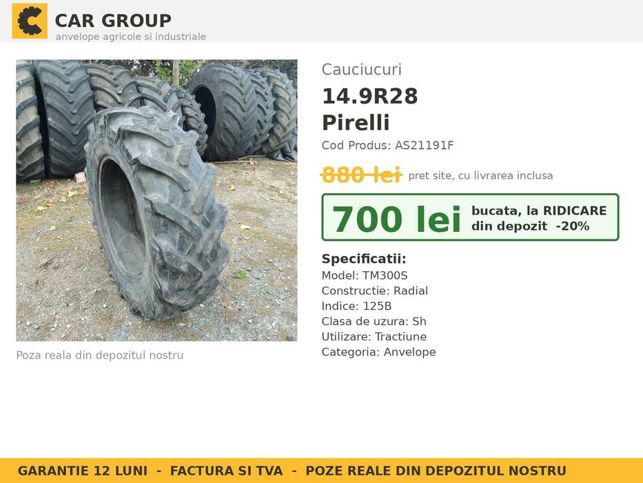 Anvelope Cauciucuri 14.9R28 14.9 R28 14.9-28 380/85R28 14928 Pirelli Tractor Punte Spate Tractiune SH Second Hand GARANTIE Factura TVA Livrare Rapida