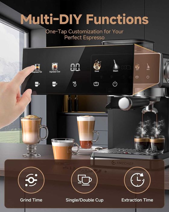 AMZCHEF Кафе машина Bean to Cup, 20-бара еспресо машина с мелачка