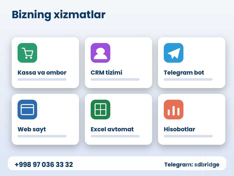 Biznesni avtomatlashtirish: kassa, CRM, bot, sayt - qulay narx