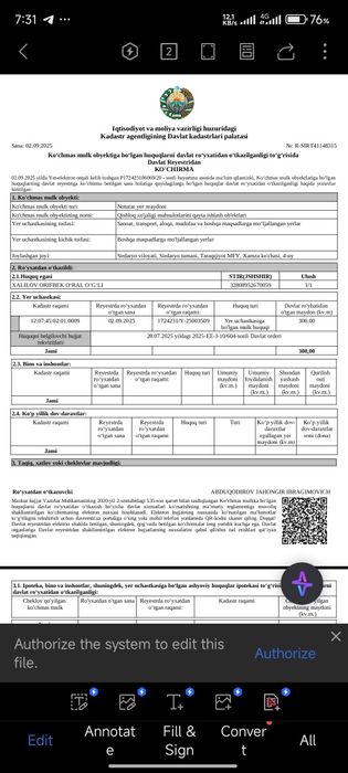 Noturar yer uchastkasi sotiladi