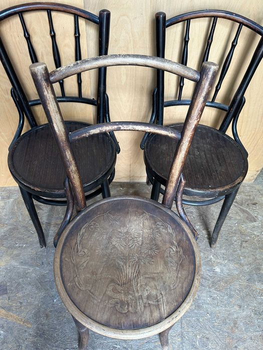 3 buc Scaun din Lemn Masiv Stil Thonet; Scaun cu sezut rotund
