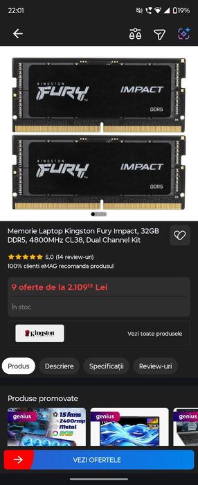 Memorie Laptop Kingston Fury Impact, 32GB DDR5, 4800MHz CL38, Dual Kit