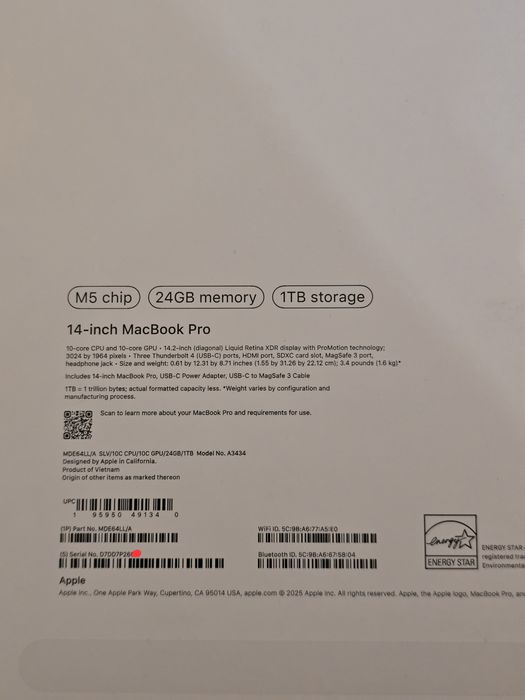 MacBook Pro 14 M5 24/1TB 4 цикла