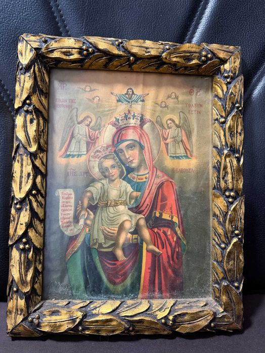 icoana veche  cu rama deosebita si  geam dim 30 x25 cm maica domnului