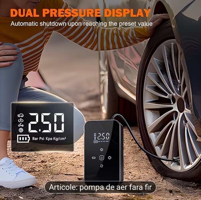 Acest compresor de aer cu utilizare duală, potrivit atât pentru operare wireless, cât și cu fir, dispune de un motor de înaltă performanță