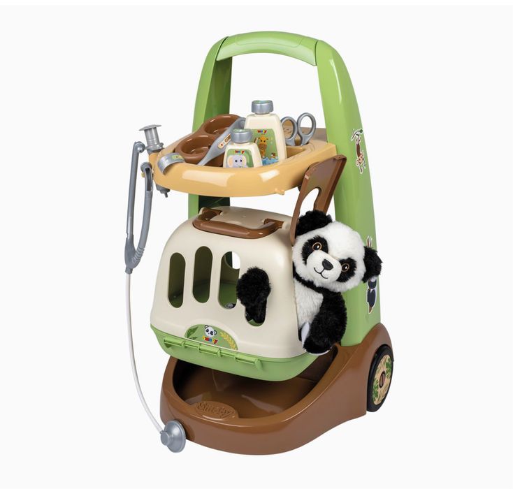 Cărucior veterinar Smoby, 1 jucărie moale Panda + husă , 10 accesorii