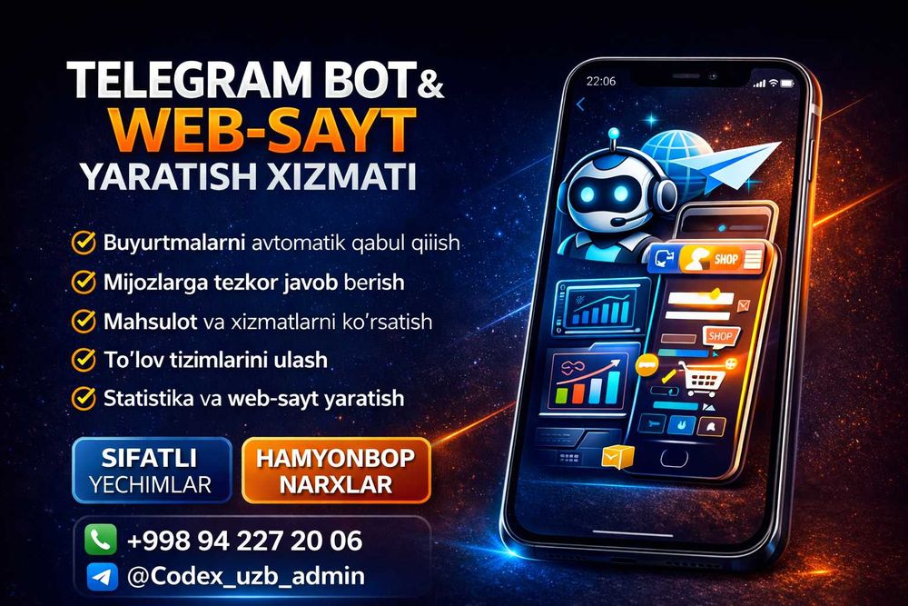 Telegram bot va zamonaviy web-saytlar ishlab chiqamiz