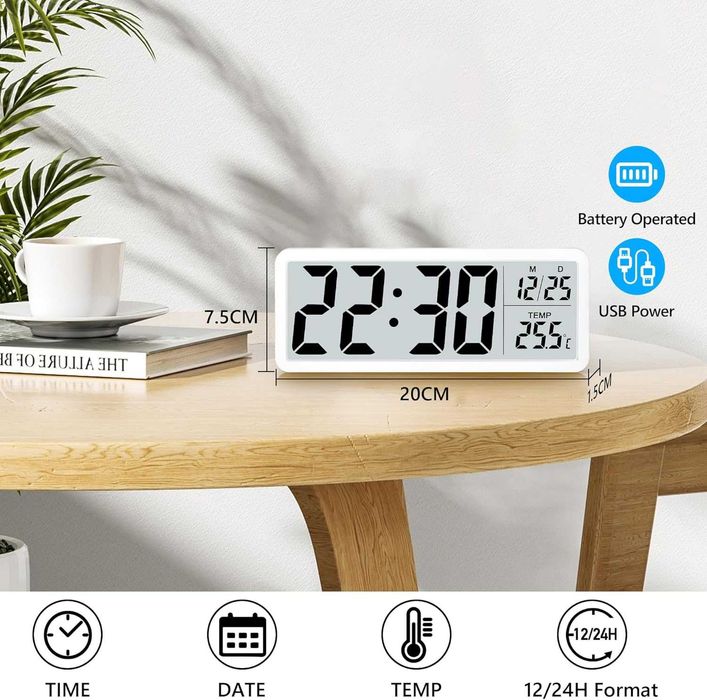 НОВ! Дигитален стенен часовник, големи цифри, температура, безшумен
