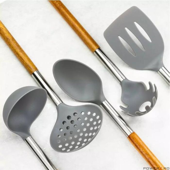 Ustensile de servire, 5 piese, lemn de salcam si otel, Kassel