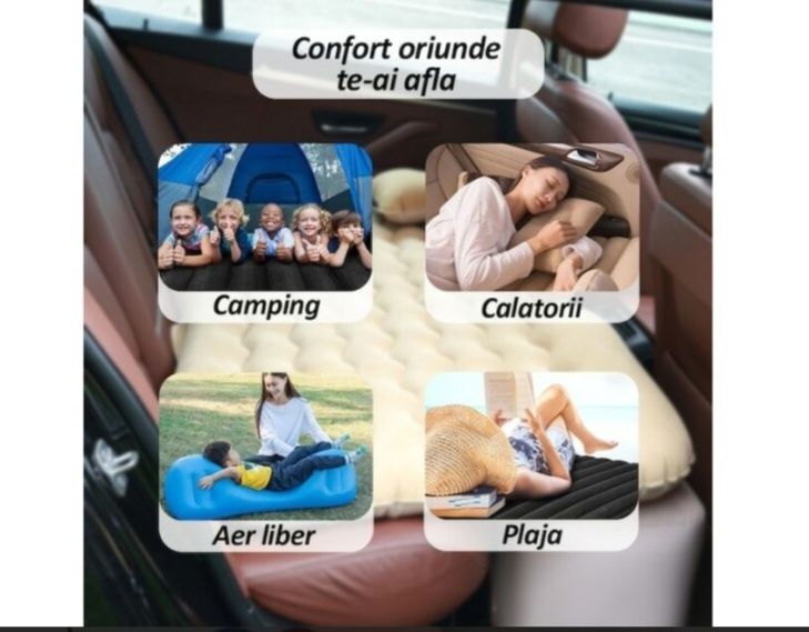 Saltea auto gonflabila 80x45x135cm + 2 perne si pompa 12V inclusa