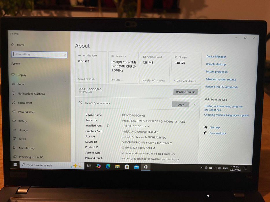 Laptop Ultraportabil Lenovo ThinkPad T14s Gen 1, i5, 8GB RAM, 240 SSD
