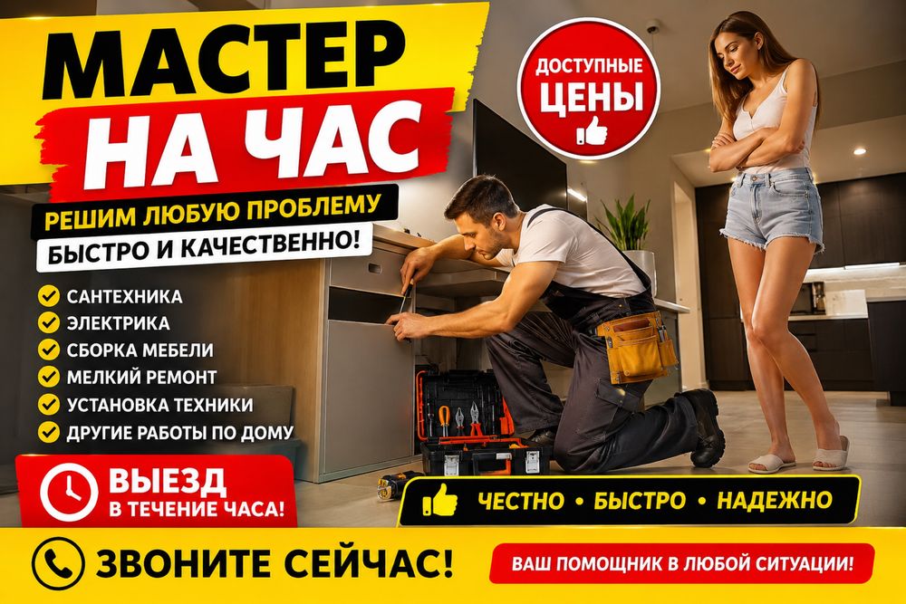 Муж на час Мастер на час Мастер на все руки Плотник Шебер Ұста 24/7