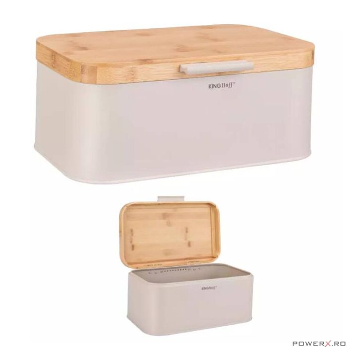 Cutie pentru paine, bej, cu capac din bambus, 30 × 20 × 14 cm,