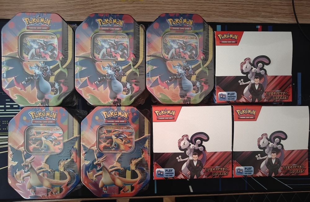 Pokémon TCG Destined Rivals Booster Box (36 packs) + Mega Charizard EX Tins – нови, запечатани